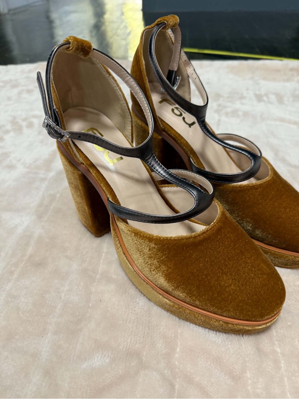 FSJ Velvet Platform Mary Janes in Mustard with Black Straps